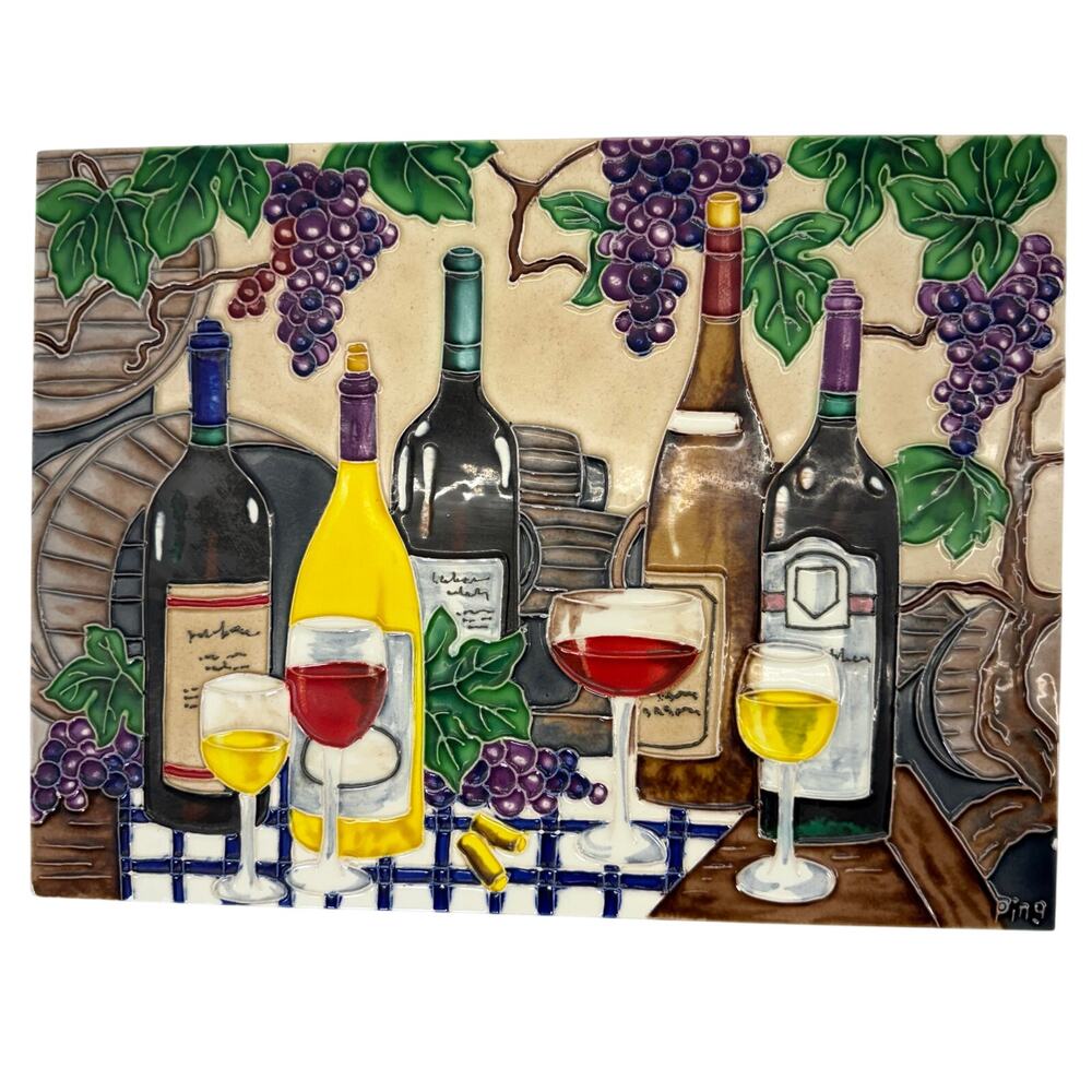 Vintage 90s Ping Signed Wine Tile Wall Art Grapes Ceramic Plaque